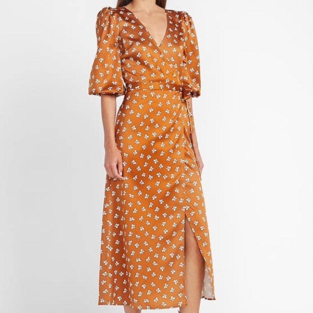 Express Ladygang Floral Satin Wrap Midi Dress Terracotta